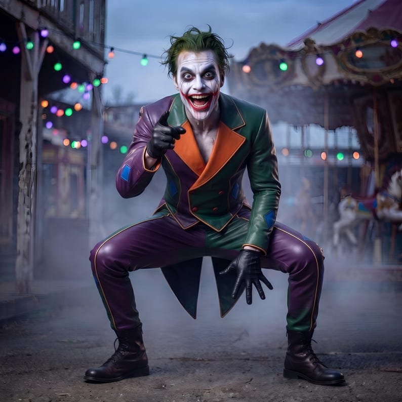 Joker-inspirerad läderkappa och byxor för män, karnevalskurkkostym, anpassad cosplay-festivalklädsel bild 6