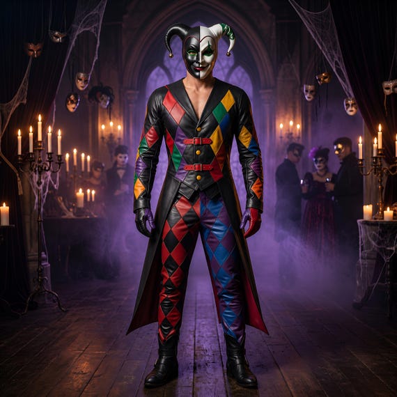Men’s Harlequin Leather Coat and Pants Set, Jester Leather Costume, Colorful Halloween Leather Outfit, Custom Cosplay Festival Wear