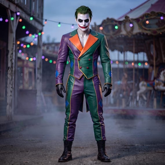 Men’s Joker Inspired Leather Coat and Pants Set, Carnival Villain Costume, Custom Cosplay Festival Wear