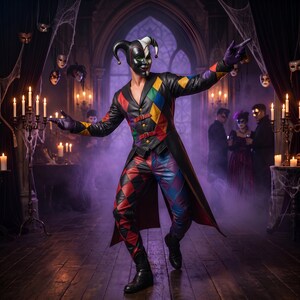 May include: A jester costume featuring a black, red, yellow, green, and purple diamond-patterned long coat and matching trousers. The outfit includes a two-toned black and white jester mask with horns, purple gloves, and black boots.