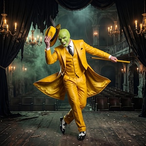 May include: A bright yellow three-piece suit consisting of a long coat, vest, and trousers, paired with a white dress shirt, black tie, yellow fedora with a black band, and black and white wingtip shoes, while holding a yellow walking cane.