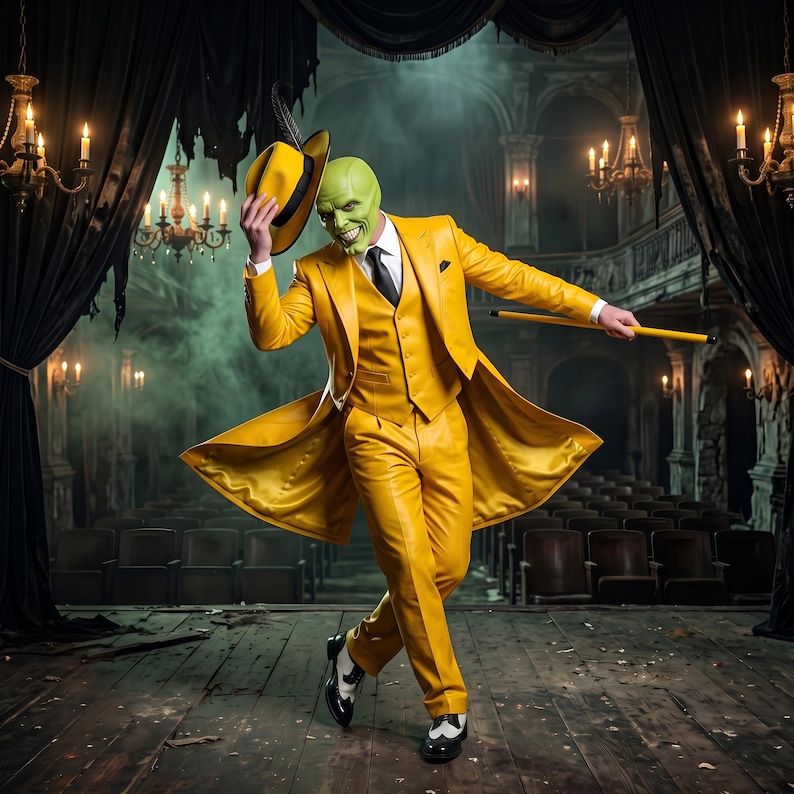 May include: A bright yellow three-piece suit consisting of a long coat, vest, and trousers, paired with a white dress shirt, black tie, yellow fedora with a black band, and black and white wingtip shoes, while holding a yellow walking cane.