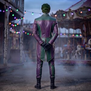 Joker-inspirerad läderkappa och byxor för män, karnevalskurkkostym, anpassad cosplay-festivalklädsel bild 2