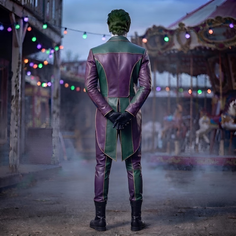 Joker-inspirerad läderkappa och byxor för män, karnevalskurkkostym, anpassad cosplay-festivalklädsel bild 2