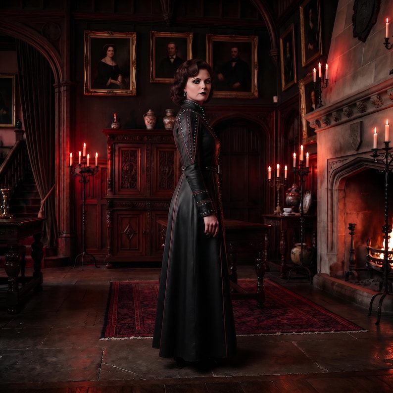 May include: A floor-length black leather coat featuring a high collar, long sleeves with studded detailing along the shoulders and cuffs, and vertical red piping accents running down the front and back panels of the garment.