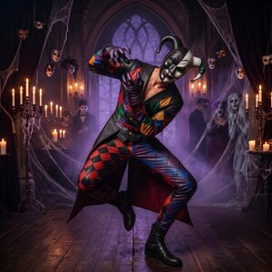 May include: A jester costume featuring a black, red, blue, and green diamond-patterned jacket and trousers. The ensemble includes a matching jester hat with two points, a split-colored face mask, and dark gloves, creating a complete theatrical look.