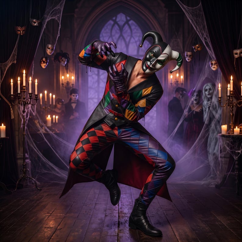 May include: A jester costume featuring a black, red, blue, and green diamond-patterned jacket and trousers. The ensemble includes a matching jester hat with two points, a split-colored face mask, and dark gloves, creating a complete theatrical look.