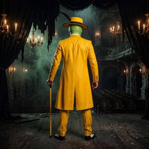 May include: A figure wearing a bright yellow suit, a matching yellow fedora with a black band and feather, and a green mask. The figure stands on a wooden stage, holding a long yellow cane, facing away from the viewer toward a dark theater.