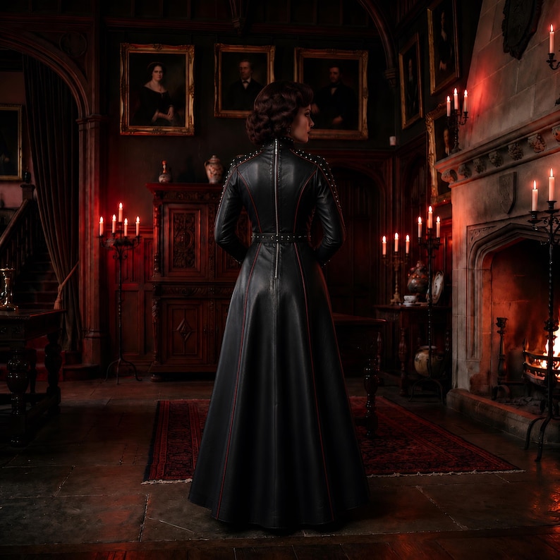 May include: A floor-length black leather coat featuring a high collar, long sleeves, and a full-length vertical zipper down the back. The coat is accented with thin red piping along the seams and a fitted waistline, creating a structured silhouette.
