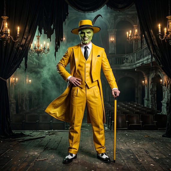 Men’s Yellow Leather Long Coat Vest and Pants Set, Halloween Mask Inspired Leather Suit, Custom Cosplay Festival Outfit