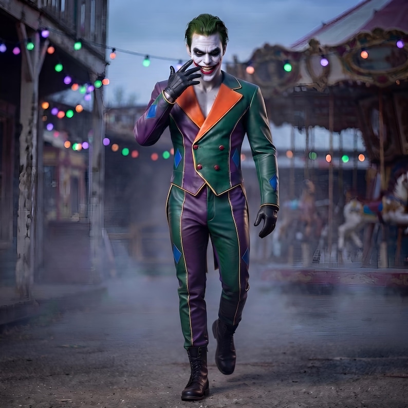 Joker-inspirerad läderkappa och byxor för män, karnevalskurkkostym, anpassad cosplay-festivalklädsel bild 4