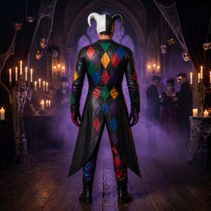 May include: A jester costume featuring a long-tailed coat and matching trousers with a multi-colored diamond pattern in red, blue, green, yellow, and purple. The outfit includes a two-toned black and white jester hood and solid-colored gloves.