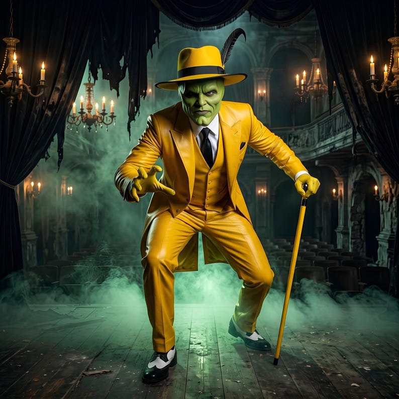 May include: A figure with a green face wearing a bright yellow suit, a matching yellow fedora with a black band and a single feather, a white shirt, and a black tie. The figure wears yellow gloves, black and white shoes, and holds a yellow cane.