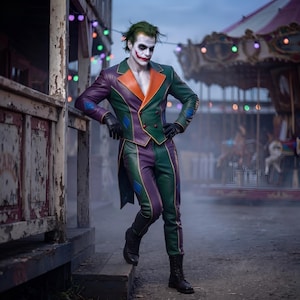 Joker-inspirerad läderkappa och byxor för män, karnevalskurkkostym, anpassad cosplay-festivalklädsel bild 5