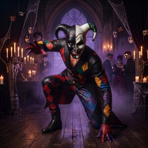 May include: A jester costume featuring a split black and white mask with a pointed hood, a long coat, and trousers adorned with a multicolored diamond pattern in red, yellow, blue, and purple. The outfit includes matching gloves and black boots.