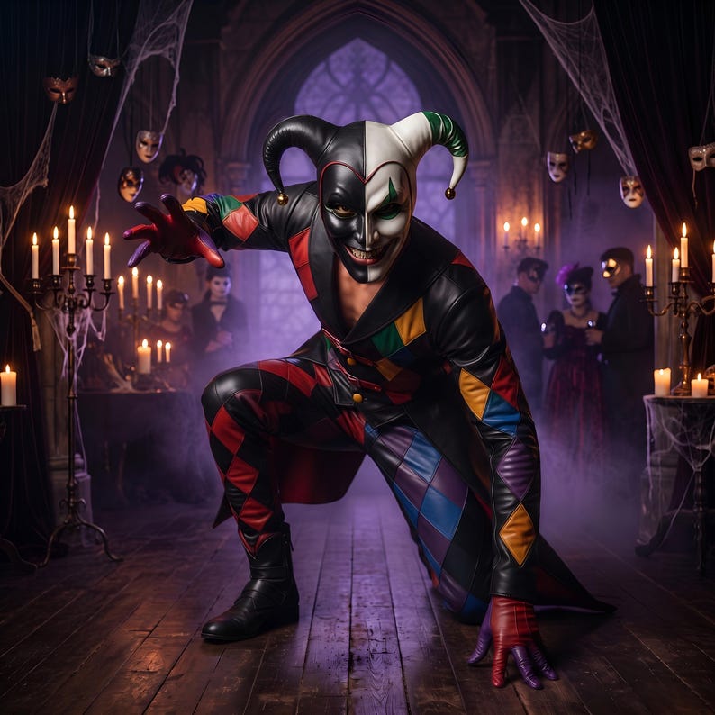 May include: A jester costume featuring a split black and white mask with a pointed hood, a long coat, and trousers adorned with a multicolored diamond pattern in red, yellow, blue, and purple. The outfit includes matching gloves and black boots.