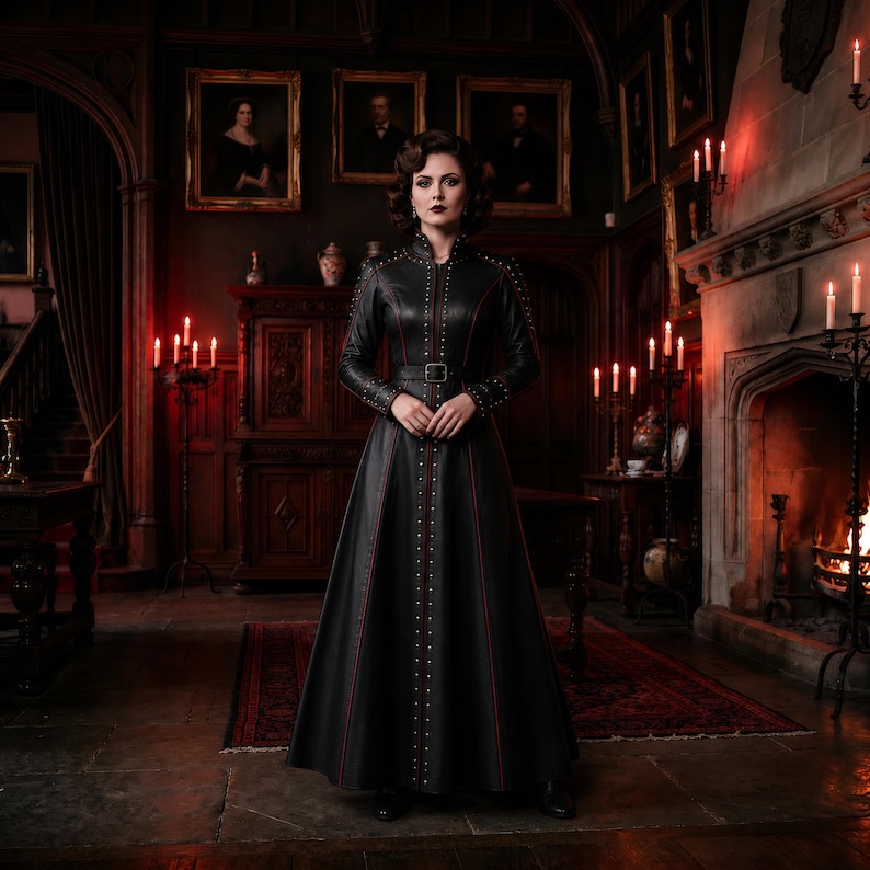 May include: A floor-length black leather coat featuring a high collar, long sleeves, and a belted waist. The coat is detailed with vertical rows of silver studs and thin red piping along the front closure, shoulders, and cuffs.