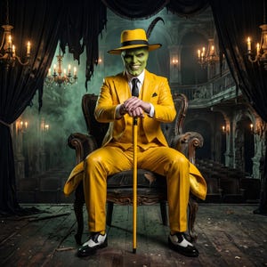 May include: A bright yellow suit consisting of a blazer and trousers, paired with a matching yellow fedora featuring a black band and feather. The ensemble includes a white dress shirt, a black necktie, and black and white wingtip shoes.