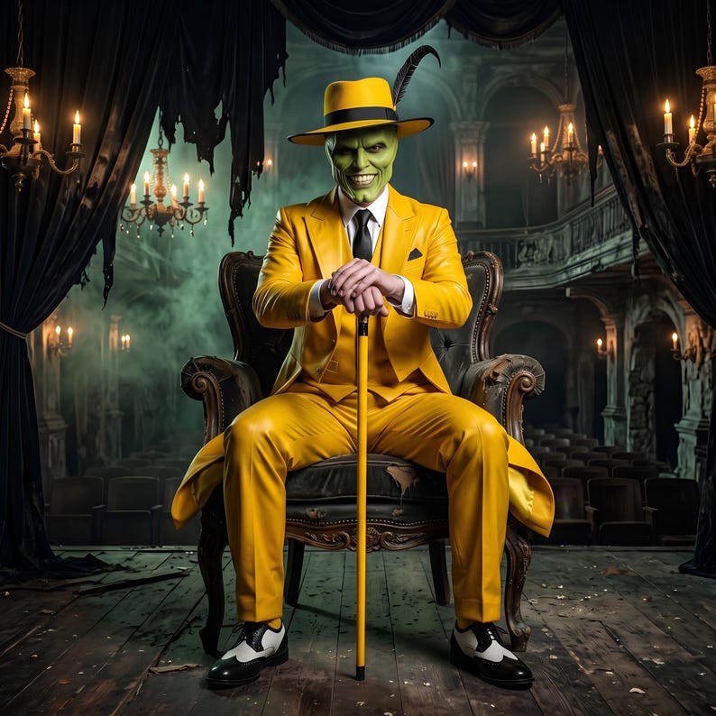 May include: A bright yellow suit consisting of a blazer and trousers, paired with a matching yellow fedora featuring a black band and feather. The ensemble includes a white dress shirt, a black necktie, and black and white wingtip shoes.