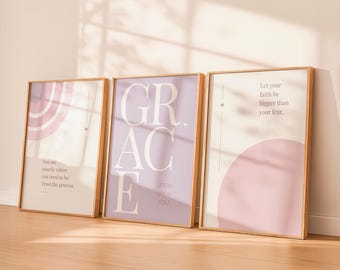 Grace Upon You Printable Wall Art Set of 3, Pink Purple Wall Decor, Christian Wall Art, Feminine Bedroom Decor, Digital Download, Prints