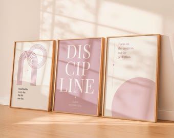 Discipline Over Motivation Printable Wall Art Set of 3, Pink Minimalist Wall Decor, Modern Bedroom Prints, Office Decor, Digital Download