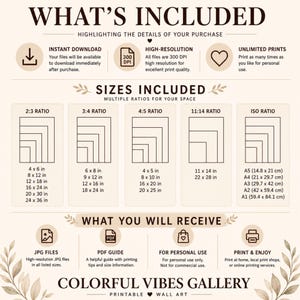 May include: A digital art print details graphic with the text "WHAT'S INCLUDED" and "SIZES INCLUDED". It lists file types, print sizes, and usage rights. Includes sizes in inches and centimeters, and the text "COLORFUL VIBES GALLERY".