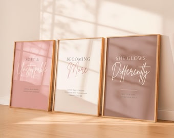 Feminine Wall Art Set of 3, Neutral Quote Prints, Soft Pink Beige Decor, Motivational Minimalist Wall Art, Digital Download