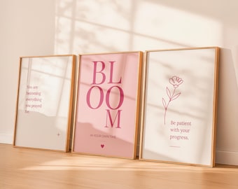 Berry Bloom Printable Wall Art Set of 3, Pink Quote Prints, Feminine Bedroom Decor, Modern Gallery Wall, Digital Download, Self Love Posters