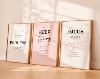 Pink Minimalist Wall Art Set of 3 Prints, Motivational Quote Printable, Focus Keep Going Trust the Process, Blush Pink Home Decor