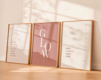 Glow Printable Wall Art Set of 3, Inspirational Quote Prints, Neutral Pink Bedroom Decor, Modern Minimalist Gallery Wall, Digital Download