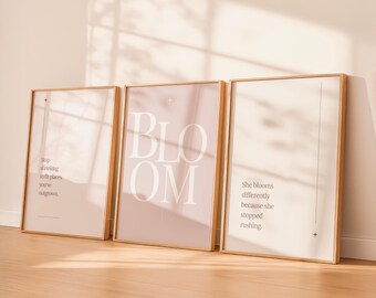 Bloom Printable Wall Art Set of 3, Neutral Pink Quote Prints, Minimalist Feminine Decor, Digital Download, Bedroom Gallery Wall