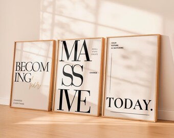 Quiet Power Wall Art Set of 3, Feminine Motivation Prints, Neutral Minimalist Typography Decor, Becoming Her Poster Set