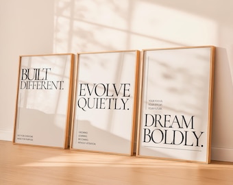Unique Wall Art Set of 3 Prints, Built Different Quote Prints, Neutral Minimalist Poster Set, Motivational Beige Wall Decor