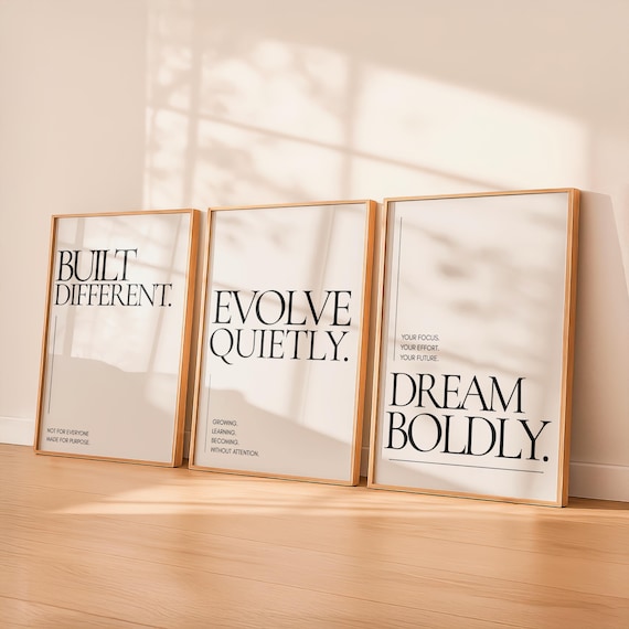 Unique Wall Art Set of 3 Prints, Built Different Quote Prints, Neutral Minimalist Poster Set, Motivational Beige Wall Decor