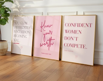 Confident Women Wall Art Bundle, Feminine Quote Prints Set of 3, Pink Printable Wall Art, Women Empowerment Decor, Self Worth Posters