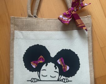 Sac en toile de jute avec ta petite fille en wax