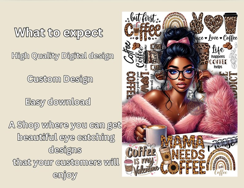 K&ouml;nnte beinhalten: Digitales Design mit einer Frau mit Brille und einem rosa Pelzschal, umgeben von Kaffee-Grafiken. Der Text enth&auml;lt "but first coffee", "Mama Needs Coffee" und "Coffee is my Valentine". Einfacher Download.