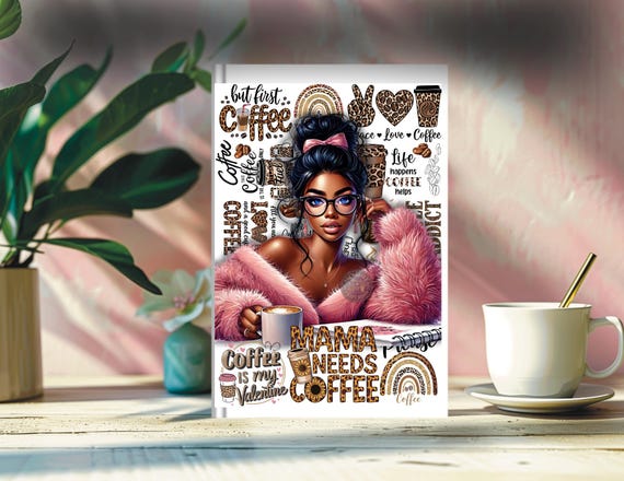 Black Girl Coffee Stickers: PNG Digital Journal Cover (Digital Download)