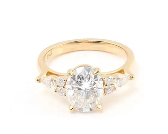 4.04 carat, 7 Stone Handmade Oval Diamond Ring: 14K Solid Yellow Gold