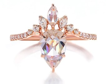 Rose Cut Pear Lab Grown Diamond Halo Engagement Ring, Solid Gold