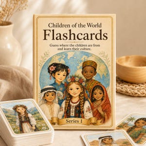 Può includere: Una scatola rettangolare di flashcard Children of the World Flashcards Series 1 con un'illustrazione di cinque bambini di culture diverse davanti a un globo. La scatola include il testo Children of the World Flashcards e Series 1.