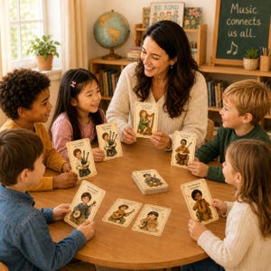 Può includere: Un gruppo di bambini e un adulto seduti attorno a un tavolo di legno mentre giocano a carte. Ogni carta presenta un'illustrazione colorata di un bambino che suona uno strumento musicale con il testo Can you guess the music? stampato in alto.