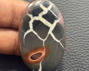 May include: An oval gemstone with a dark grey base, displaying a network of white veins and a reddish-brown central pattern. The polished stone is held by a hand, highlighting its natural design and unique features.