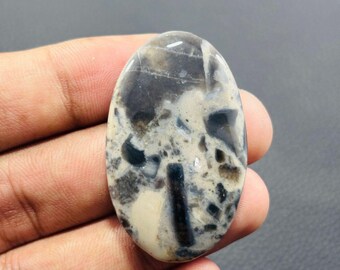 May include: Oval-shaped gemstone with a polished surface. The stone features a mix of colors, including black, gray, and cream, with a dark, vertical stripe. The gemstone is held in a hand.