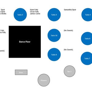 May include: A top-down view of a wedding reception layout. The image shows a black dance floor, tables labeled 1-10, a bar, and a flower arrangement. Guest names are listed next to each table.