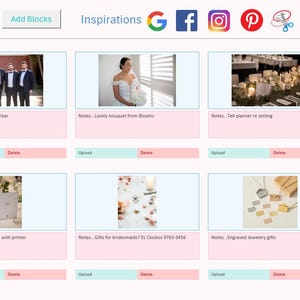 May include: A webpage interface with a pink background, featuring image blocks with wedding-related themes. The images include tuxedos, a bride with a bouquet, table settings, and engraved jewelry. Text includes "Quick Tutorial" and "Add Blocks".