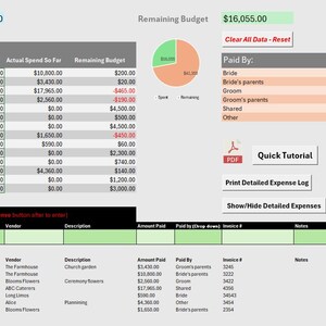 May include: A spreadsheet for wedding planning, displaying budget categories, estimated costs, and actual spending. The total wedding budget is $57,410.00, with $16,055.00 remaining. Includes a pie chart and expense details.