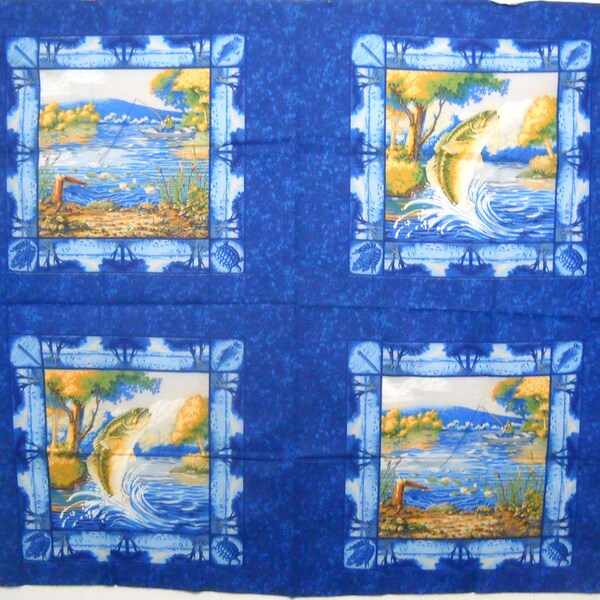 Springs Industries Blue Fish Pond Trout Fabric Pillow Panel Quilt Fabric 45x35 FREE SHIPPING