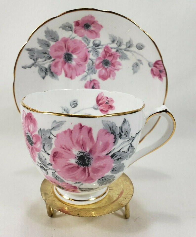 Duchess Fine Bone China Teacup & Saucer Pink Flowers Gray Etsy