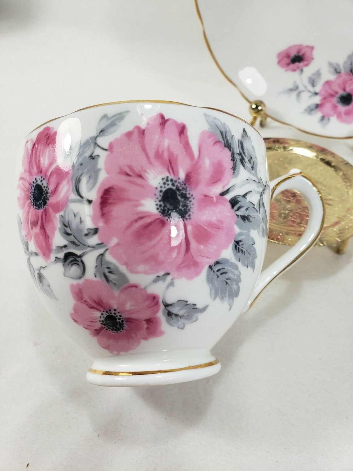 Duchess Fine Bone China Teacup & Saucer Pink Flowers Gray Etsy